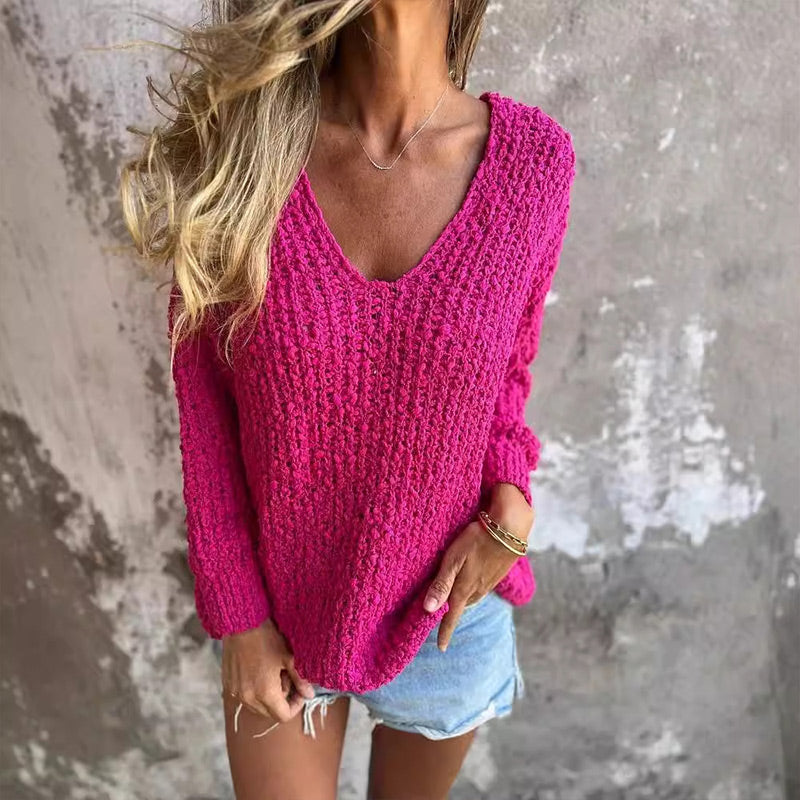 Crochet Textured Long Sleeve Sweater with Deep V Neck