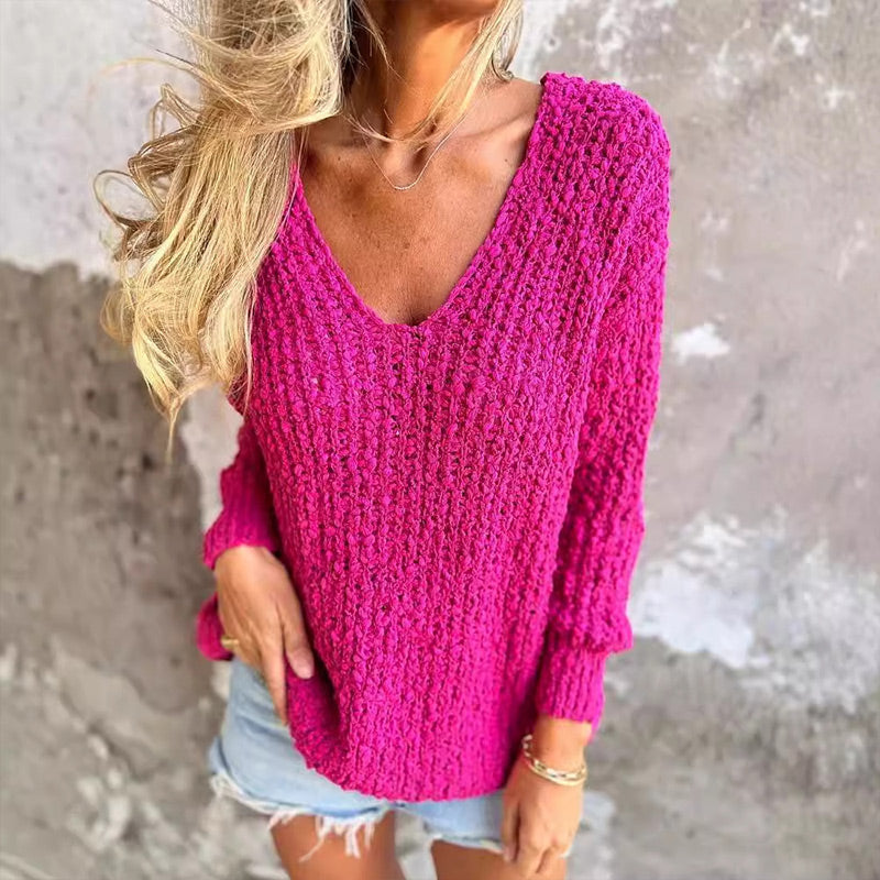 Crochet Textured Long Sleeve Sweater with Deep V Neck